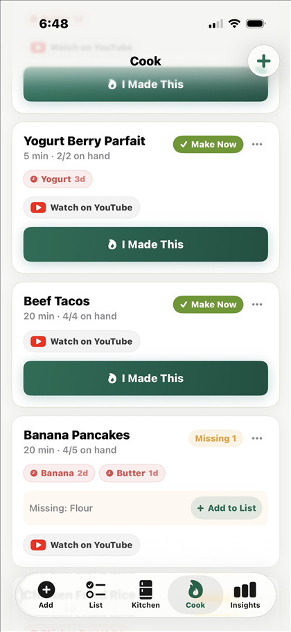 Kepta's Cook tab: recipe cards marked Make Now, ranked by the ingredients already in the kitchen